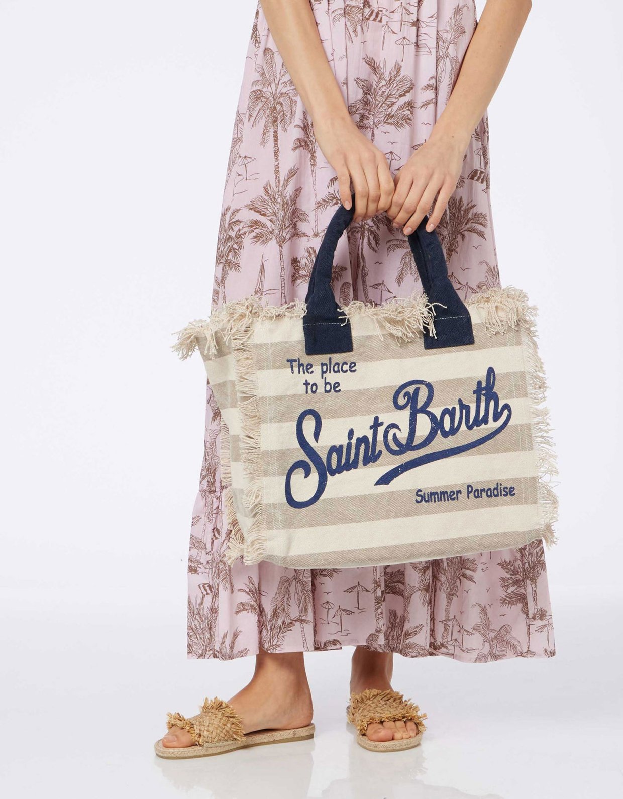 MC2 Saint Barth Vanity beige striped cotton canvas tote bag