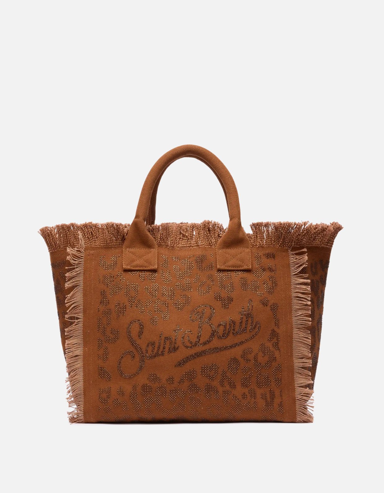 MC2 Saint Barth Brown cotton canvas vanity tote bag with leopard rhinestone embellishment