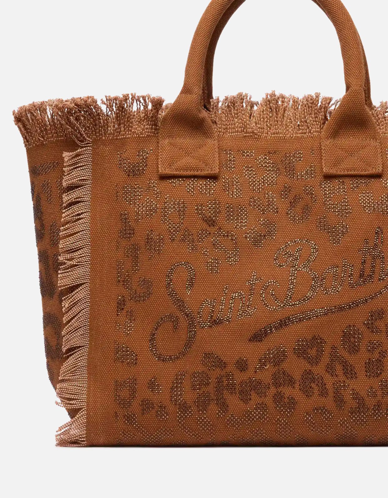MC2 Saint Barth Brown cotton canvas vanity tote bag with leopard rhinestone embellishment
