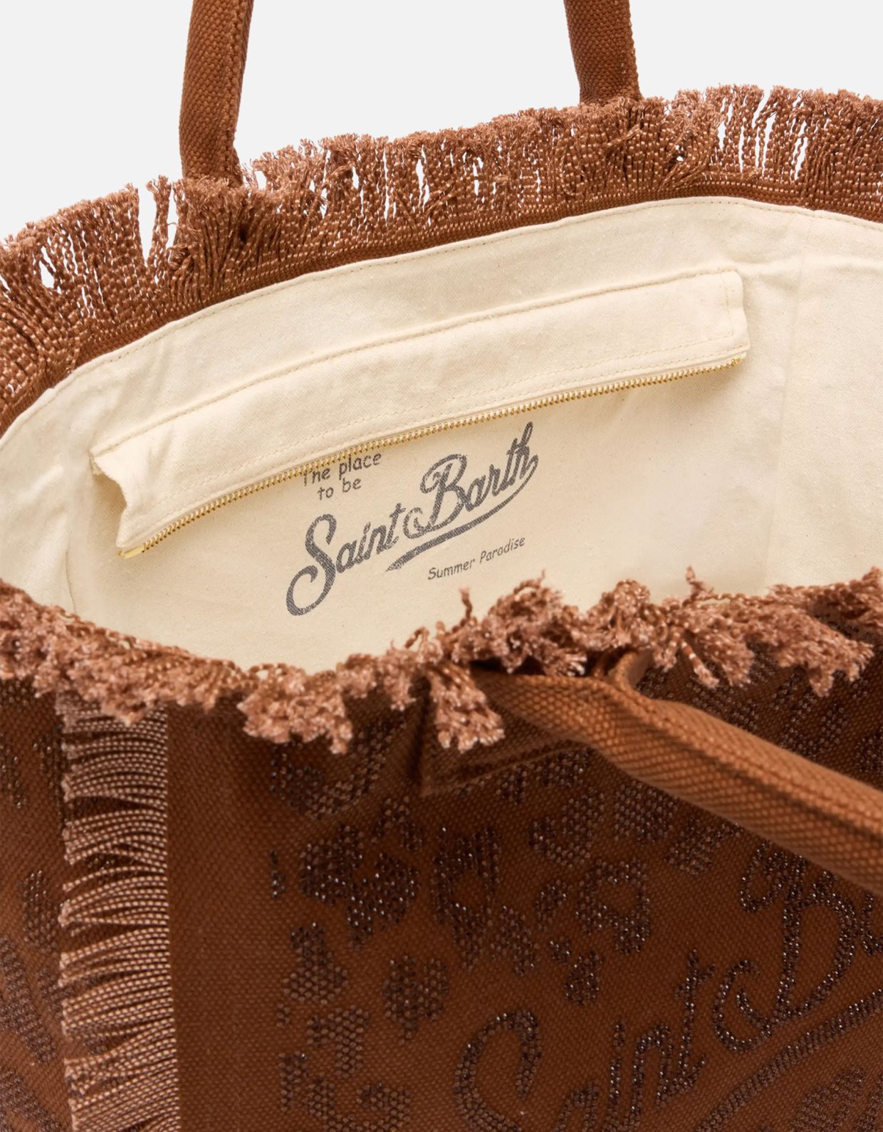 MC2 Saint Barth Brown cotton canvas vanity tote bag with leopard rhinestone embellishment
