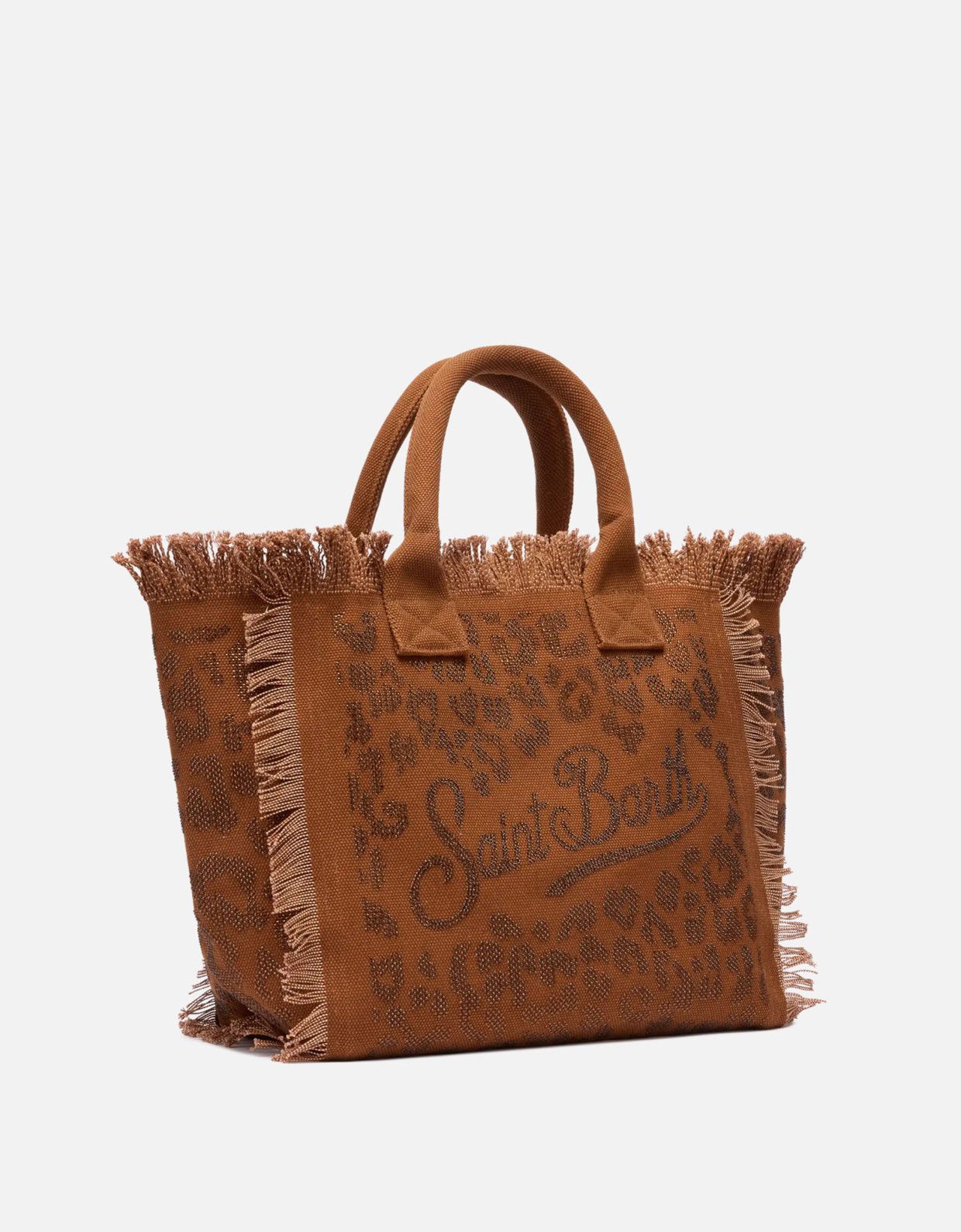 MC2 Saint Barth Brown cotton canvas vanity tote bag with leopard rhinestone embellishment