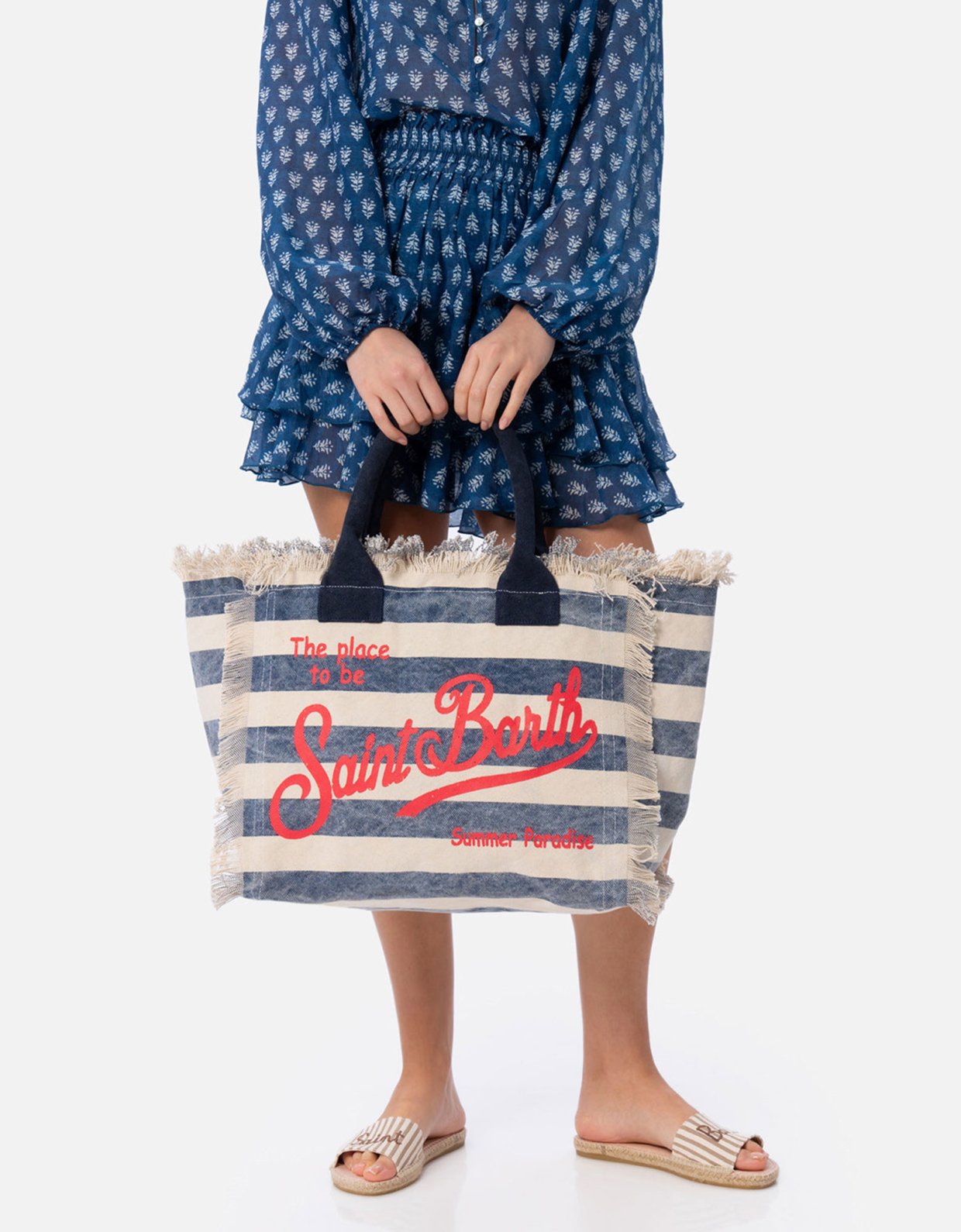 MC2 Saint Barth Vanity cotton canvas tote bag with navy blue striped print