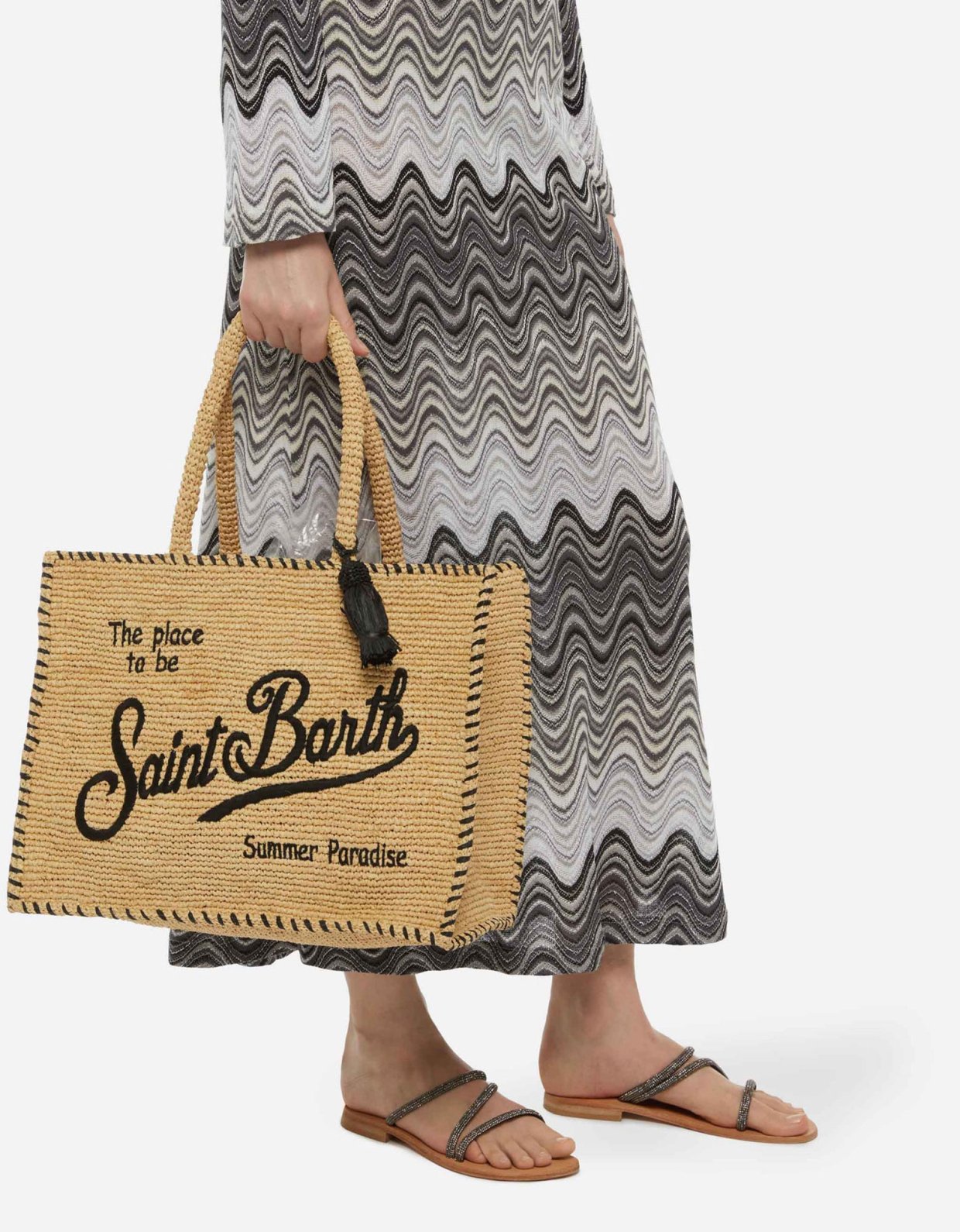 MC2 Saint Barth Vanity natural beige raffia shoulder bag with black trim