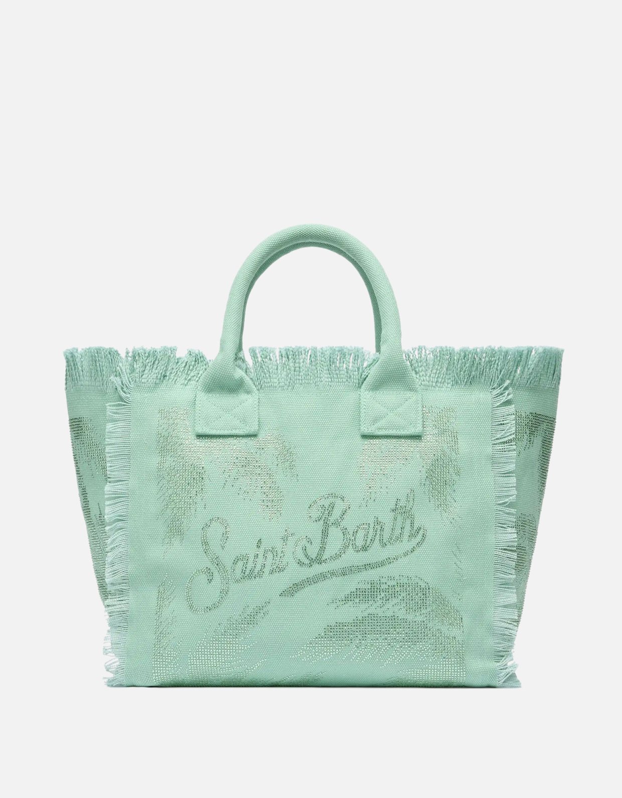 MC2 Saint Barth Vanity sage green cotton canvas tote bag with palm rhinestone embellishment