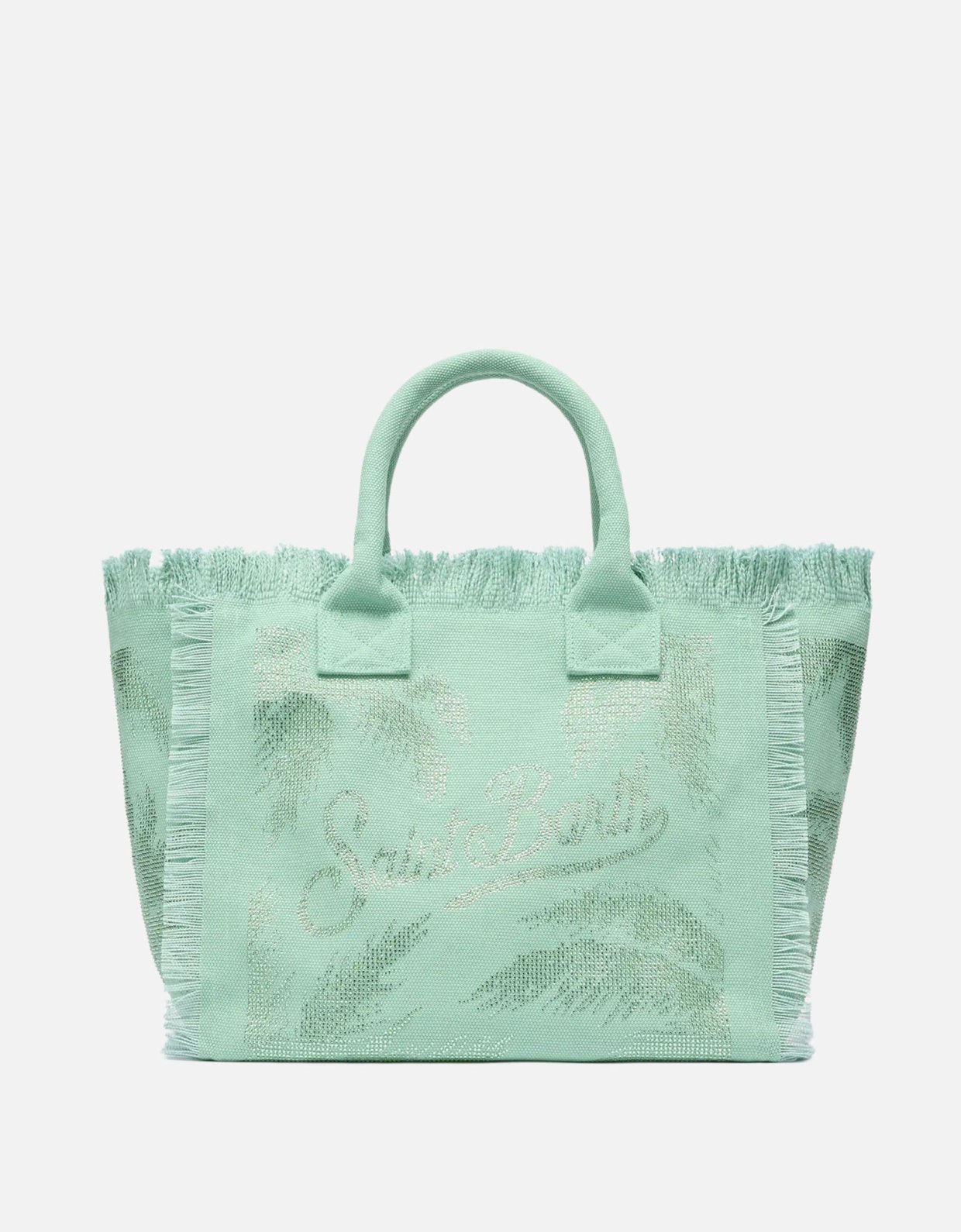 MC2 Saint Barth Vanity sage green cotton canvas tote bag with palm rhinestone embellishment