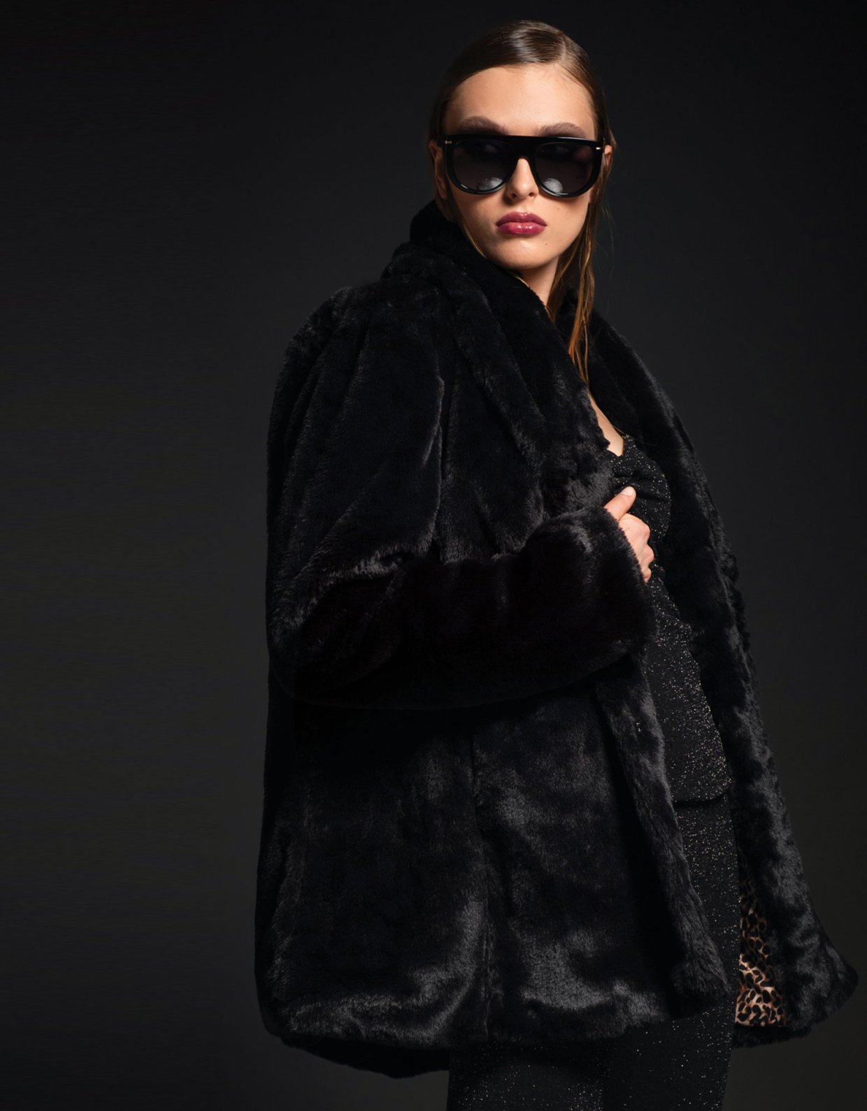 Peace & Chaos Lustrous eco fur-coat black