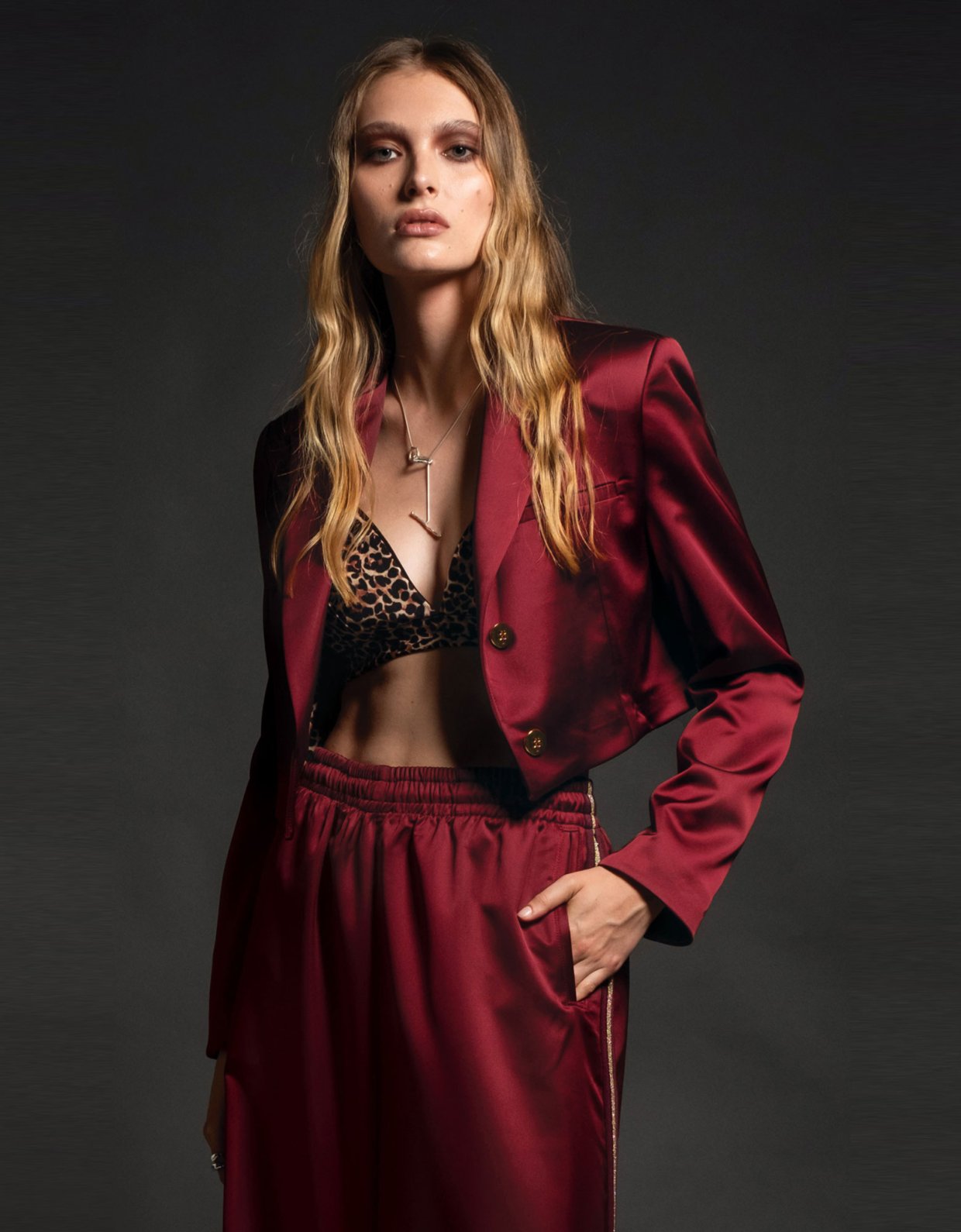 Peace & Chaos Sleek crop blazer silky bordeaux