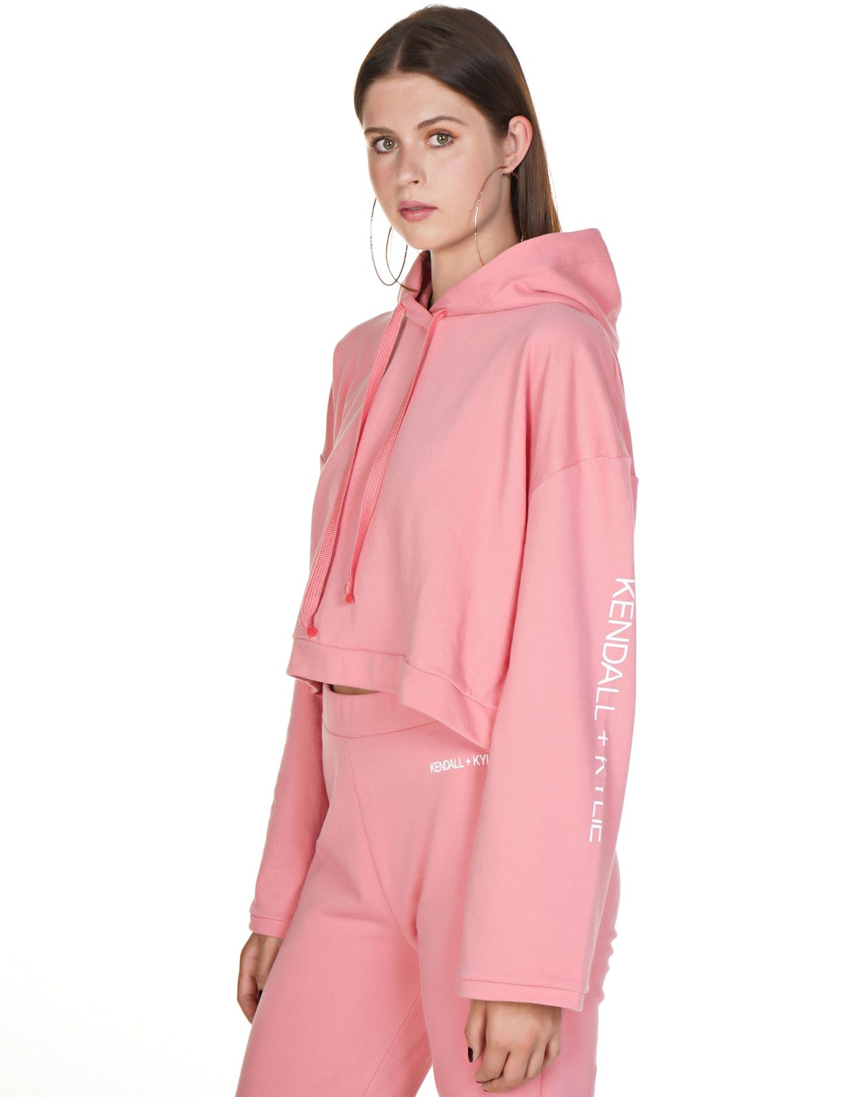 Kendall + Kylie Cropped loose hooded sweatshirt rose pink