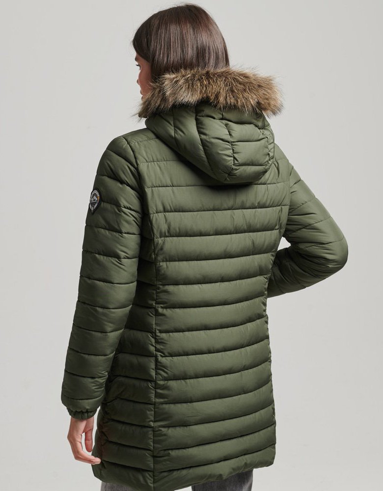 Superdry Ovin fuji hooded mid length puffer jacket dark moss green