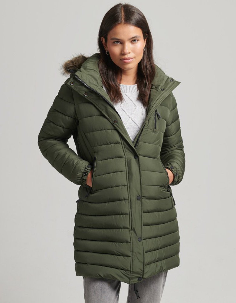 Superdry Ovin fuji hooded mid length puffer jacket dark moss green
