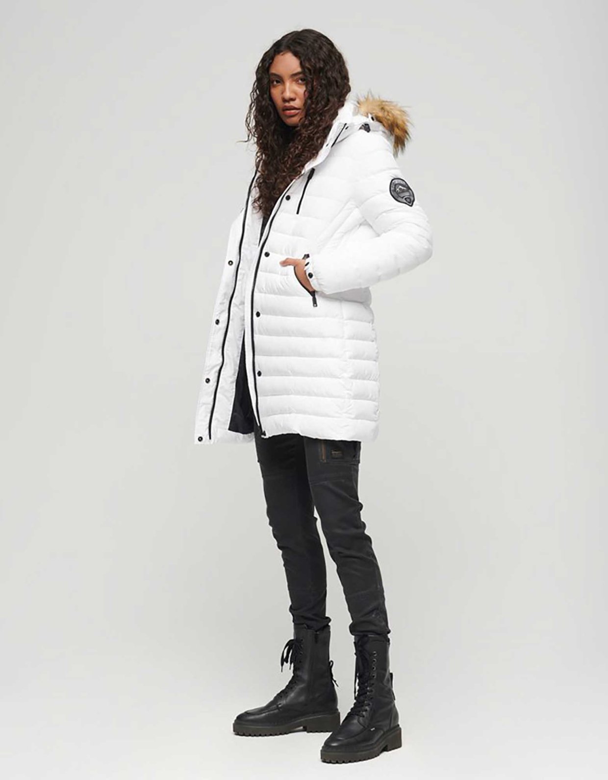 Superdry Ovin fuji hooded mid length puffer jacket white