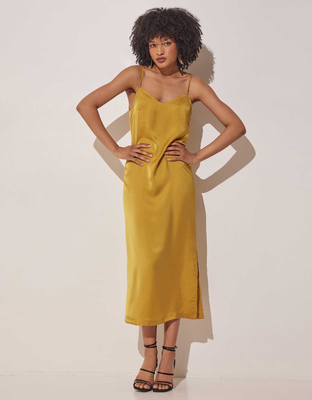 The Knl's Delight midi satin dress mustard