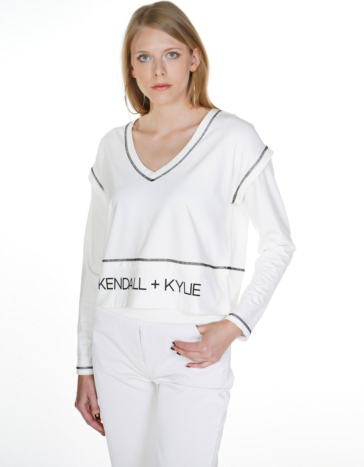 Kendall + Kylie Cropped long sleeve logo t-shirt off white