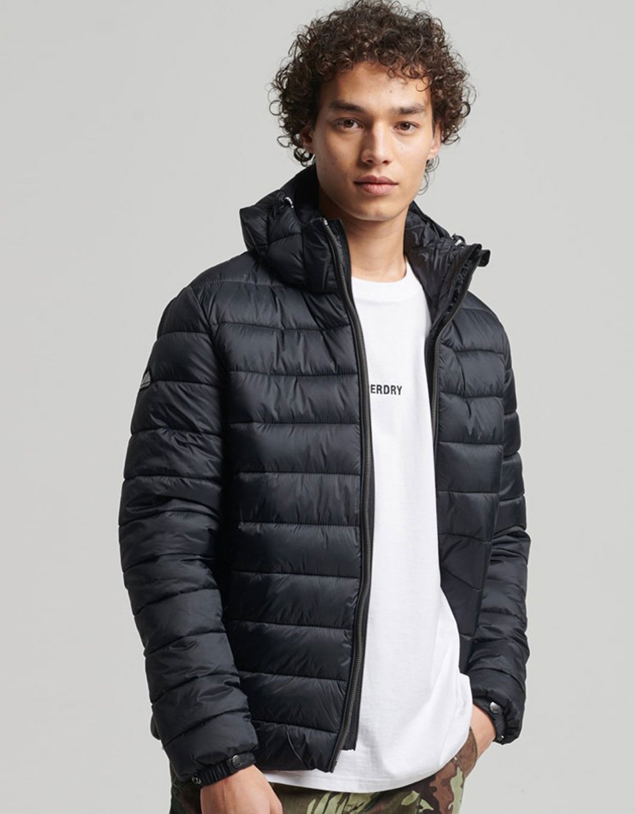 superdry hooded double zip puffer jacket in black