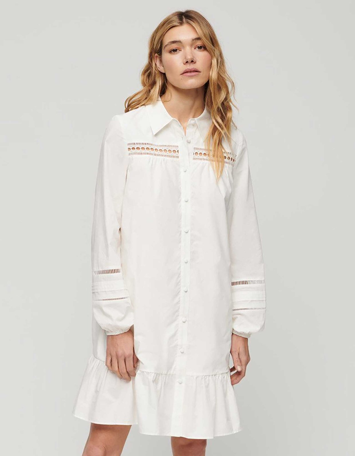 Superdry Lace mix shirt dress chalk white