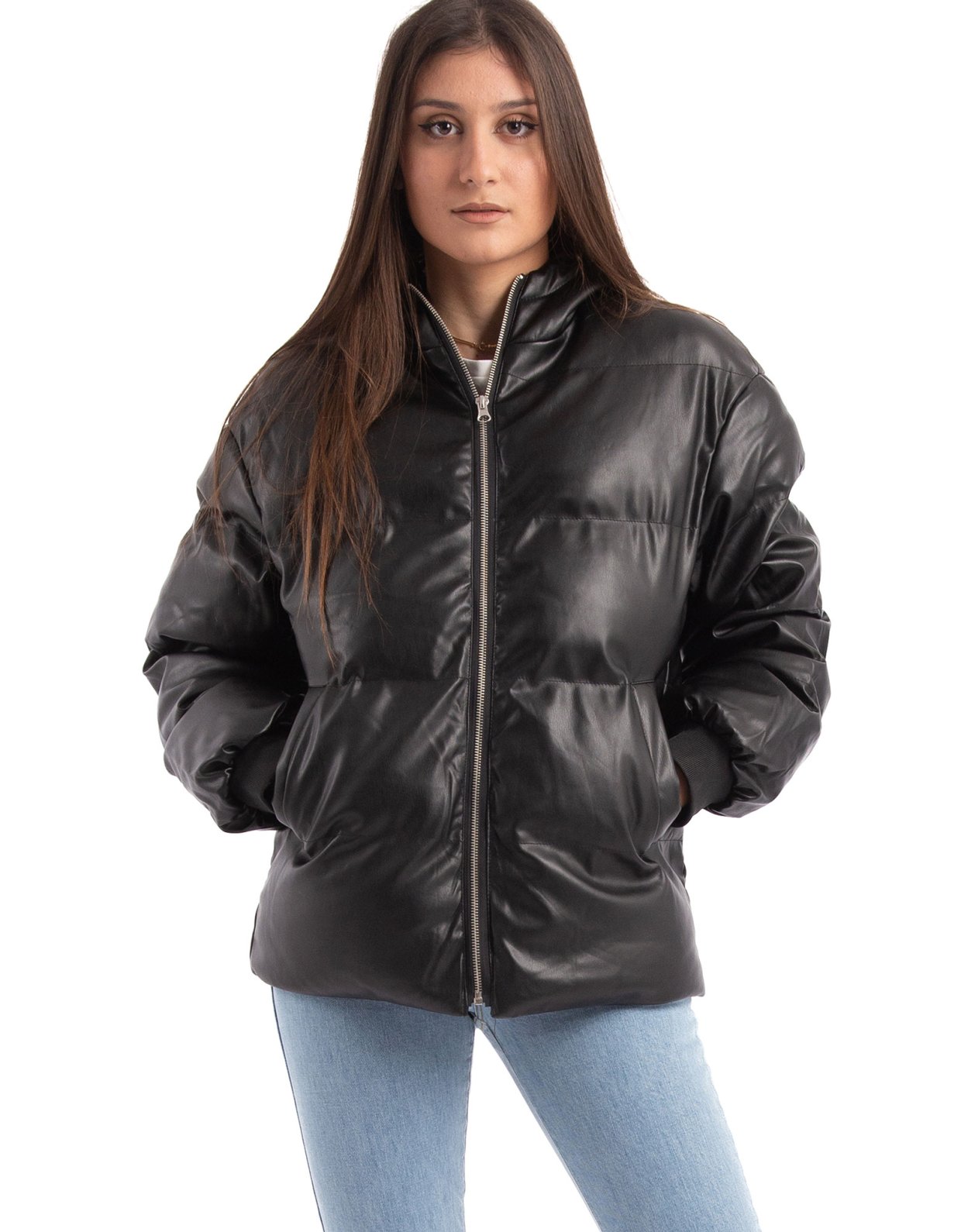 NA-KD Hooded faux leather jacket black