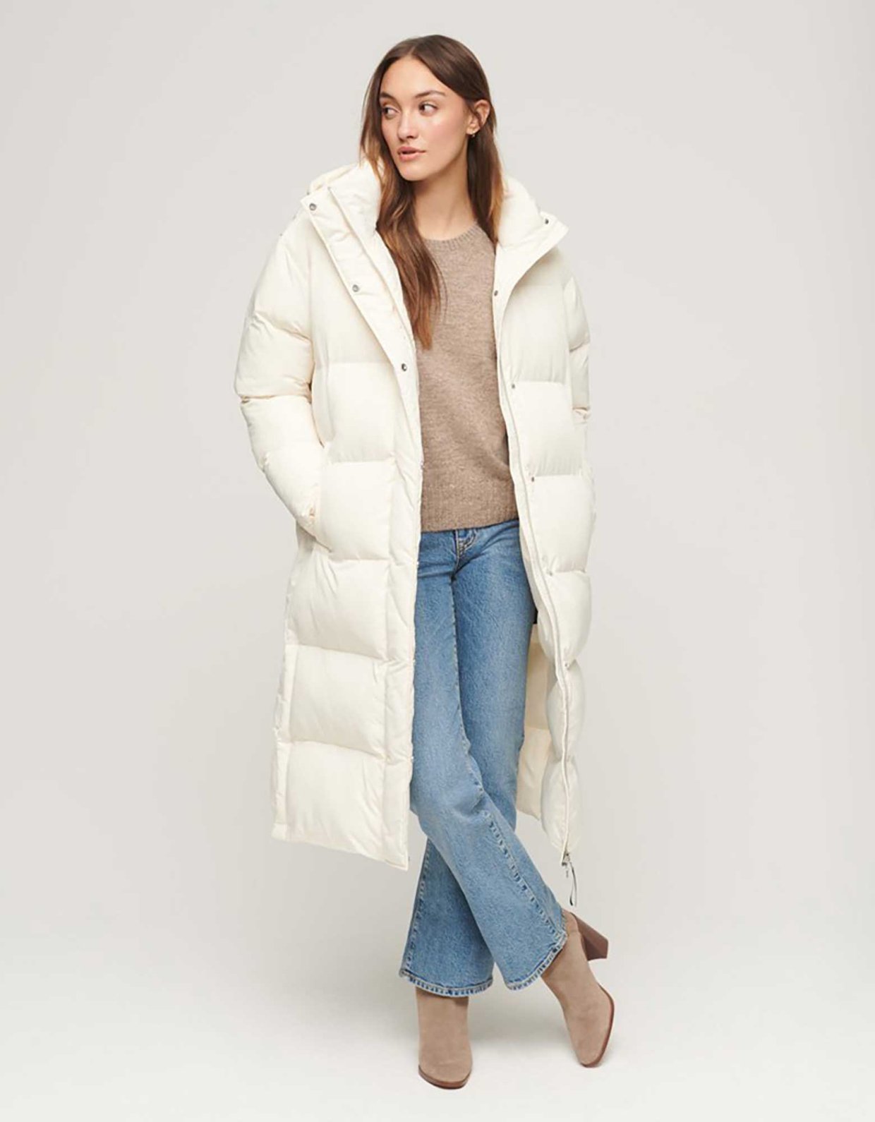 Superdry Longline hooded puffer coat off white