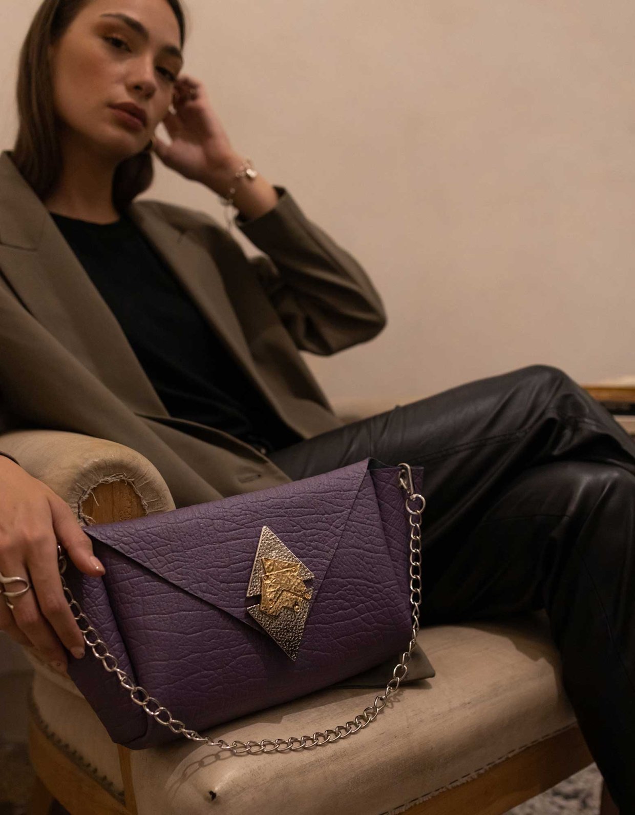Individual Art Leather Diamonds and rust bag purple
