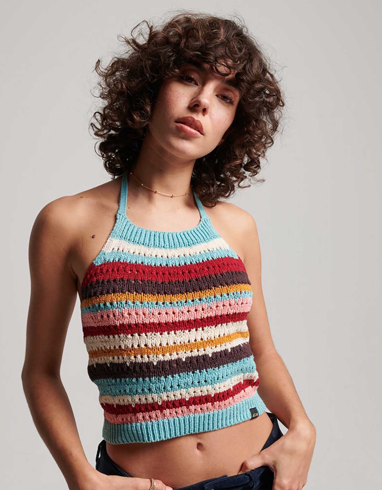 Superdry Vintage crochet halter top beryl green stripe