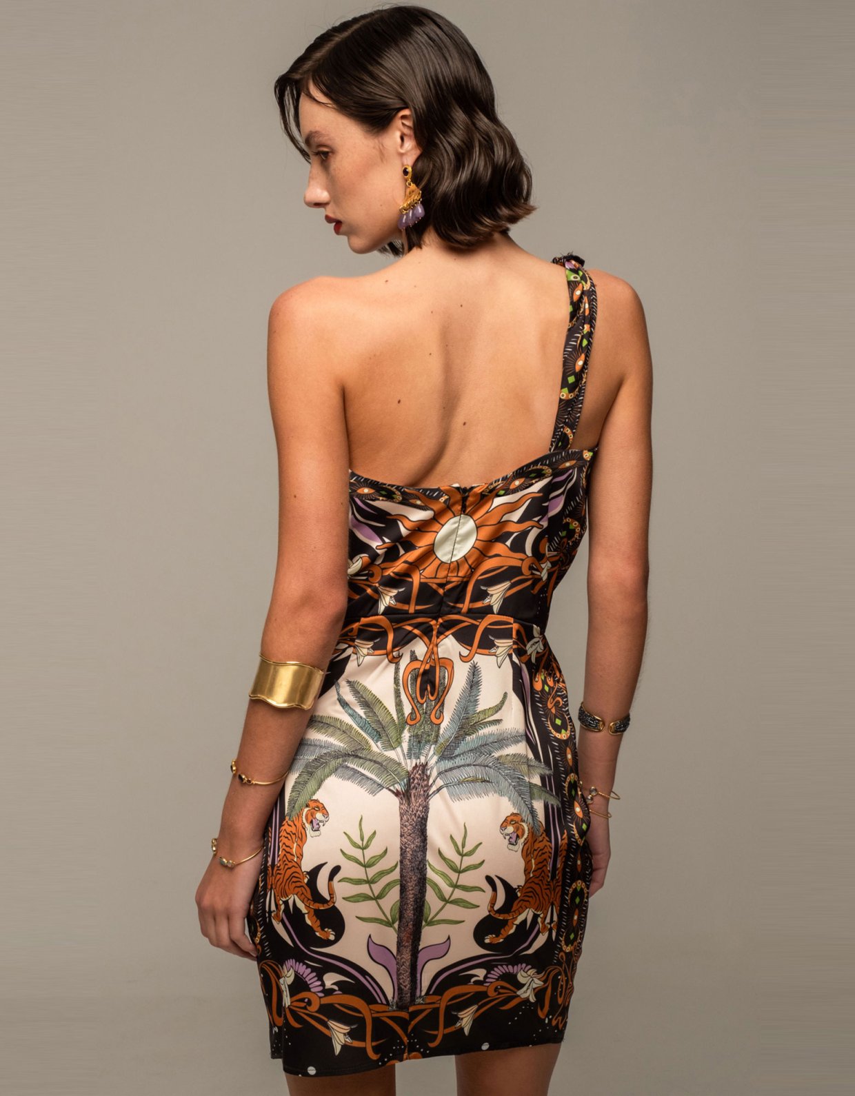 Peace and Chaos Ancestress one shoulder mini dress