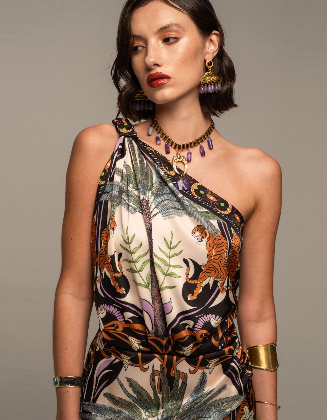 Peace and Chaos Ancestress one shoulder mini dress