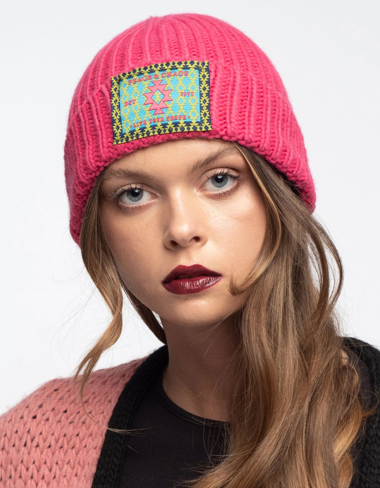 Peace and Chaos Candyfloss knit beanie fuchsia