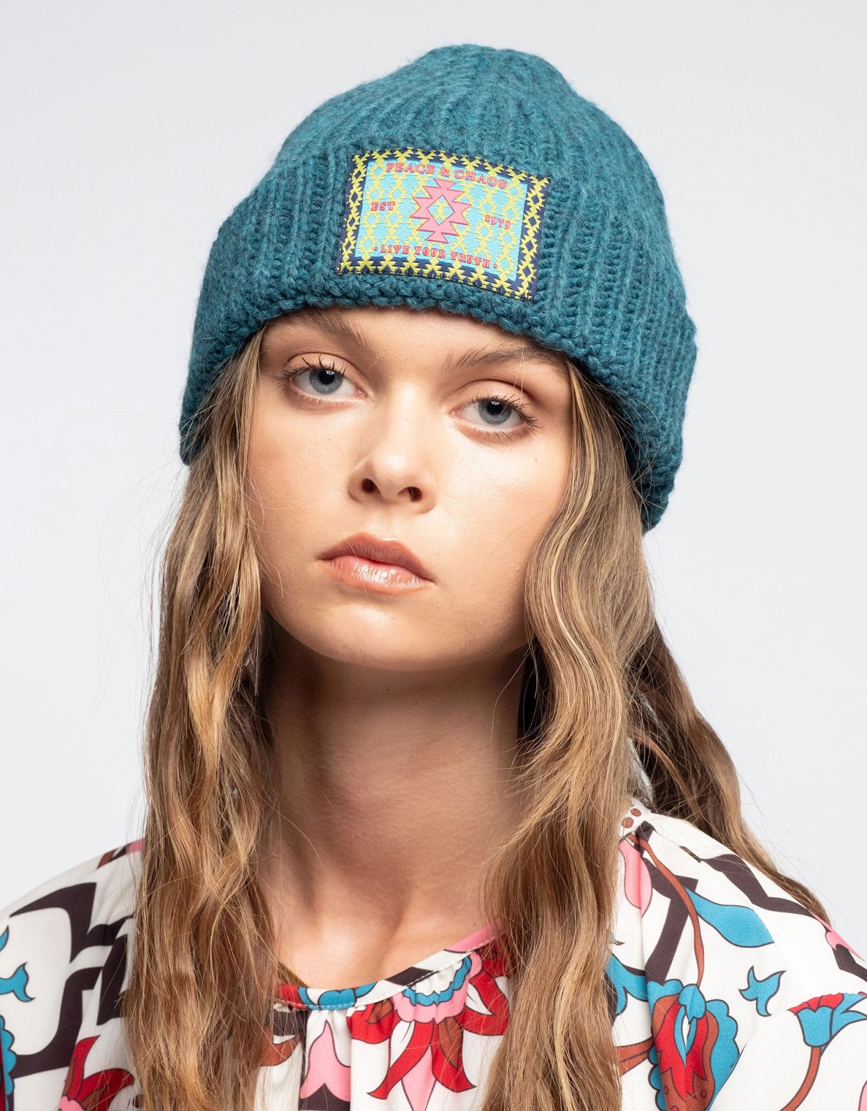 Peace and Chaos Candyfloss knit beanie teal