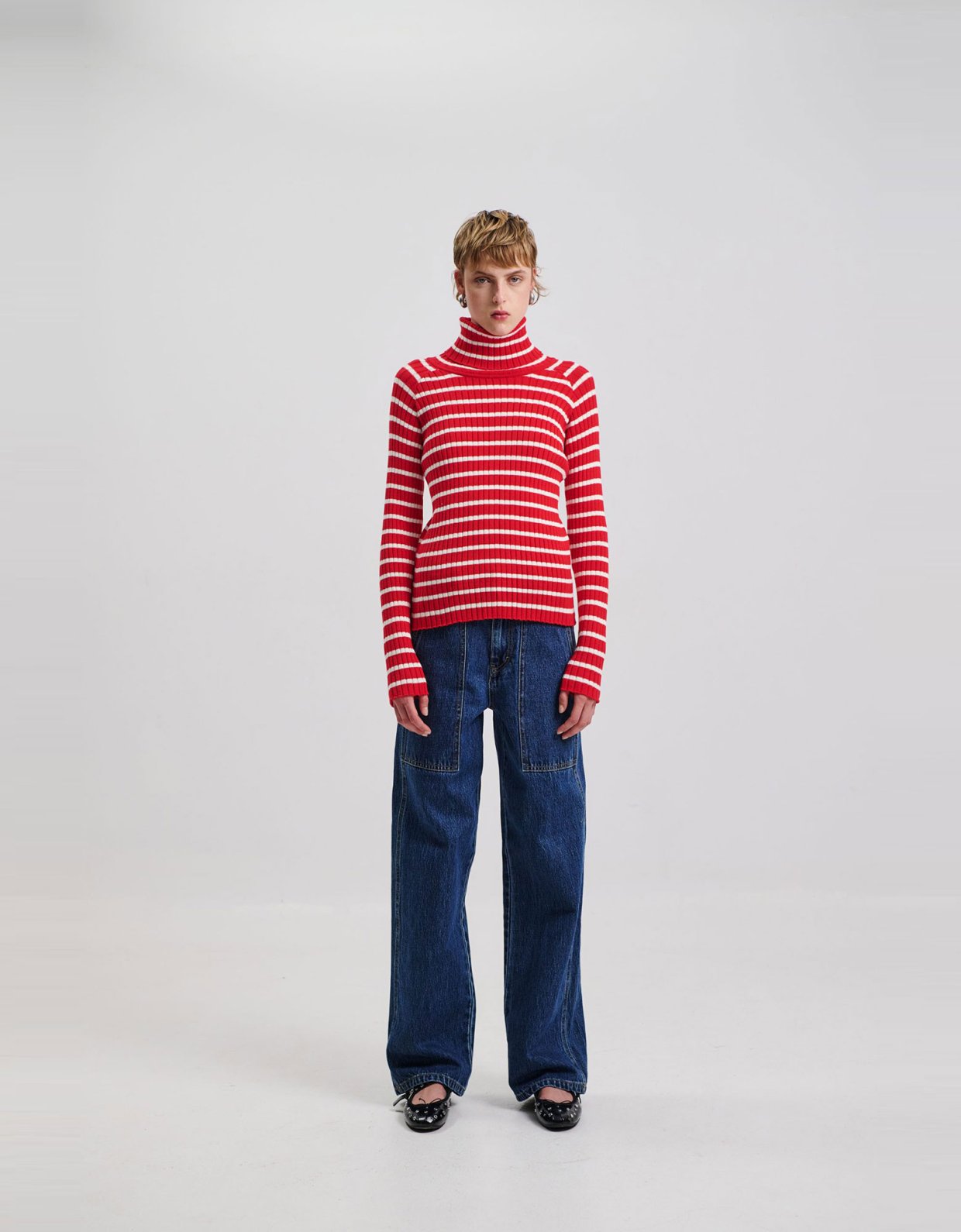 Combos Knitwear Striped turtleneck blouse red