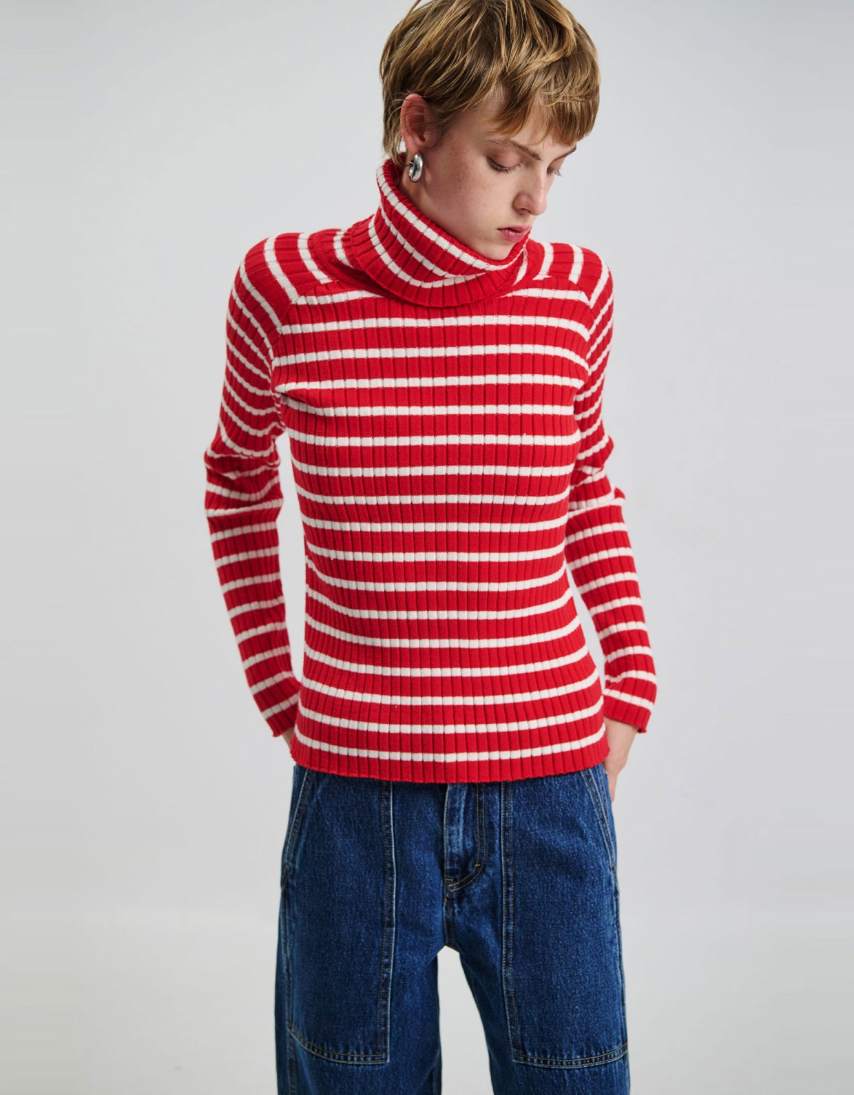 Combos Knitwear Striped turtleneck blouse red