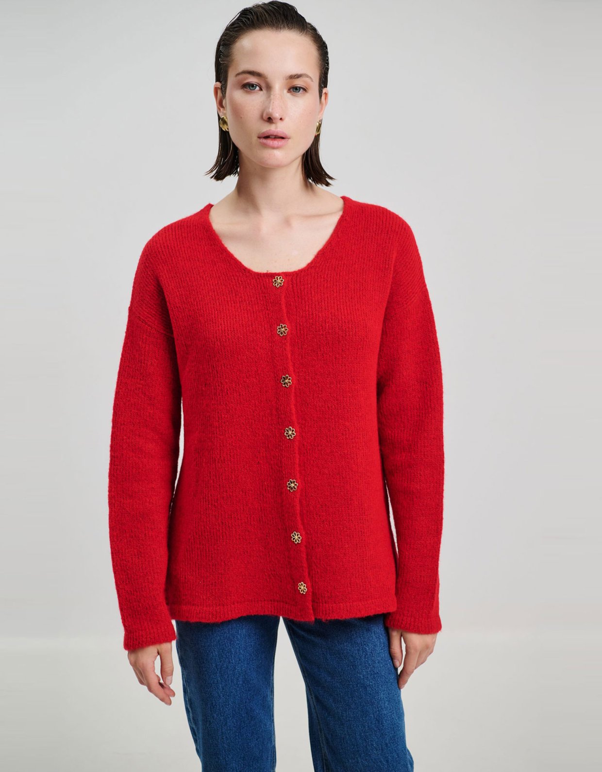 Combos Knitwear Gold flowers buttons red cardigan