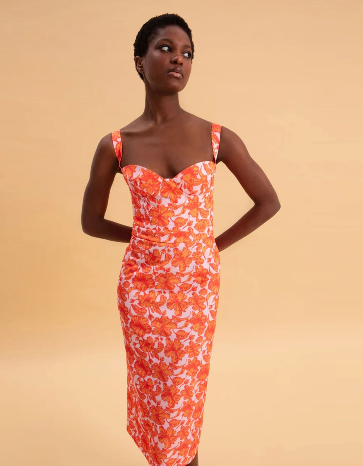 Eveleya Coral hibiscus midi dress
