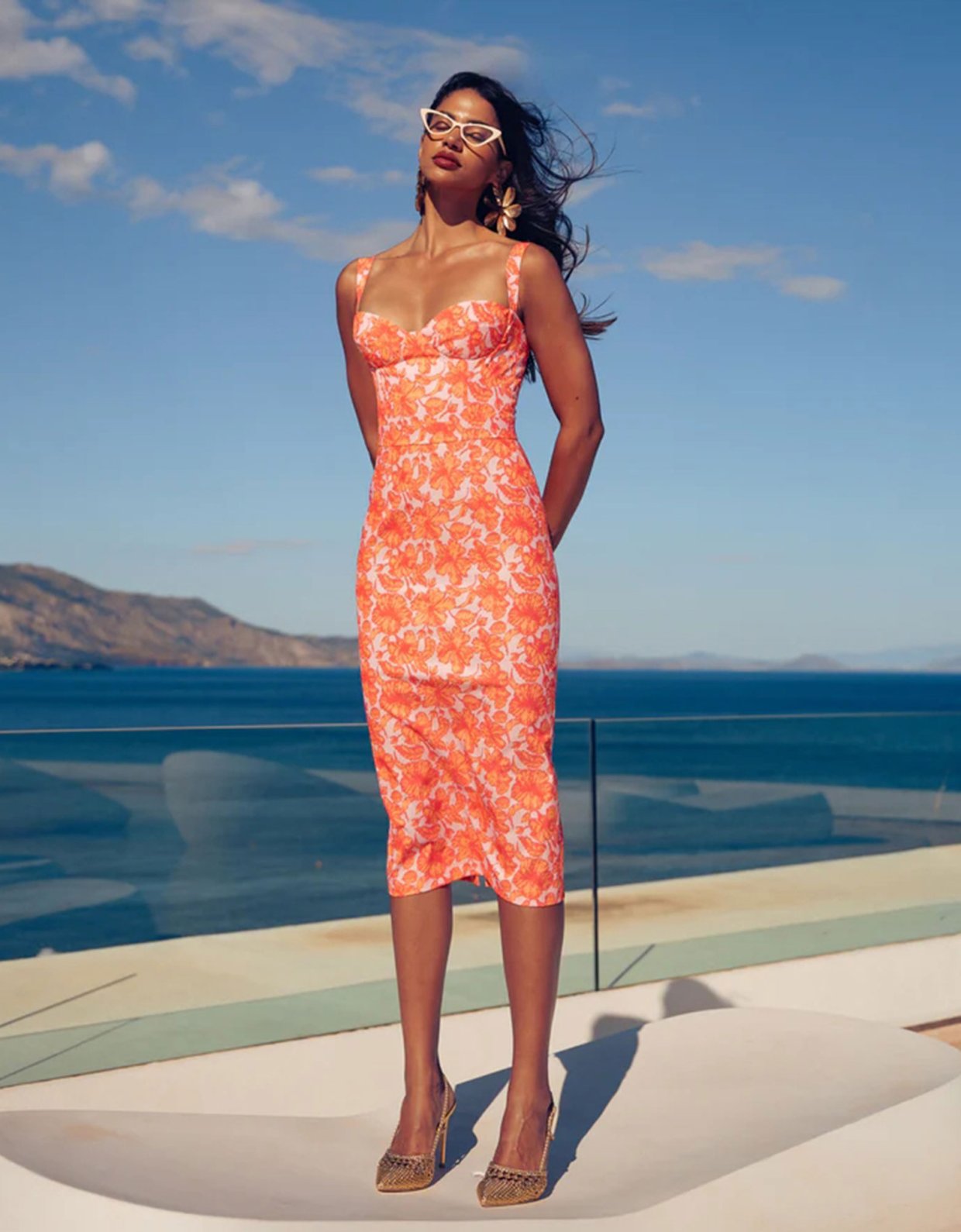 Eveleya Coral hibiscus midi dress