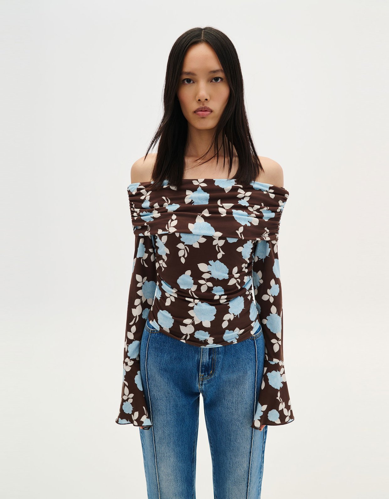 Combos Knitwear Floral printed off shoulder top