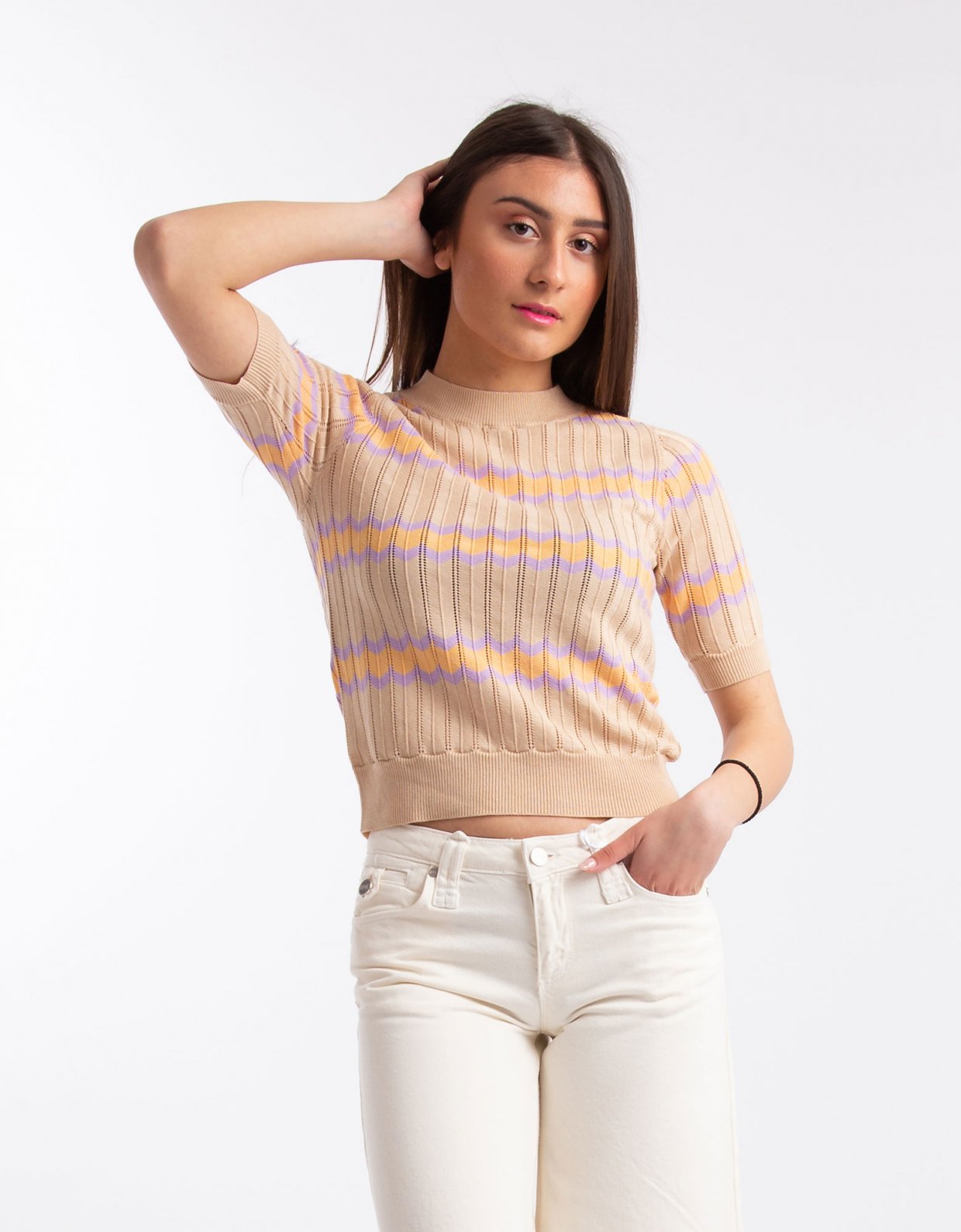 Kendall + Kylie Short sleeve zigzag stripe top
