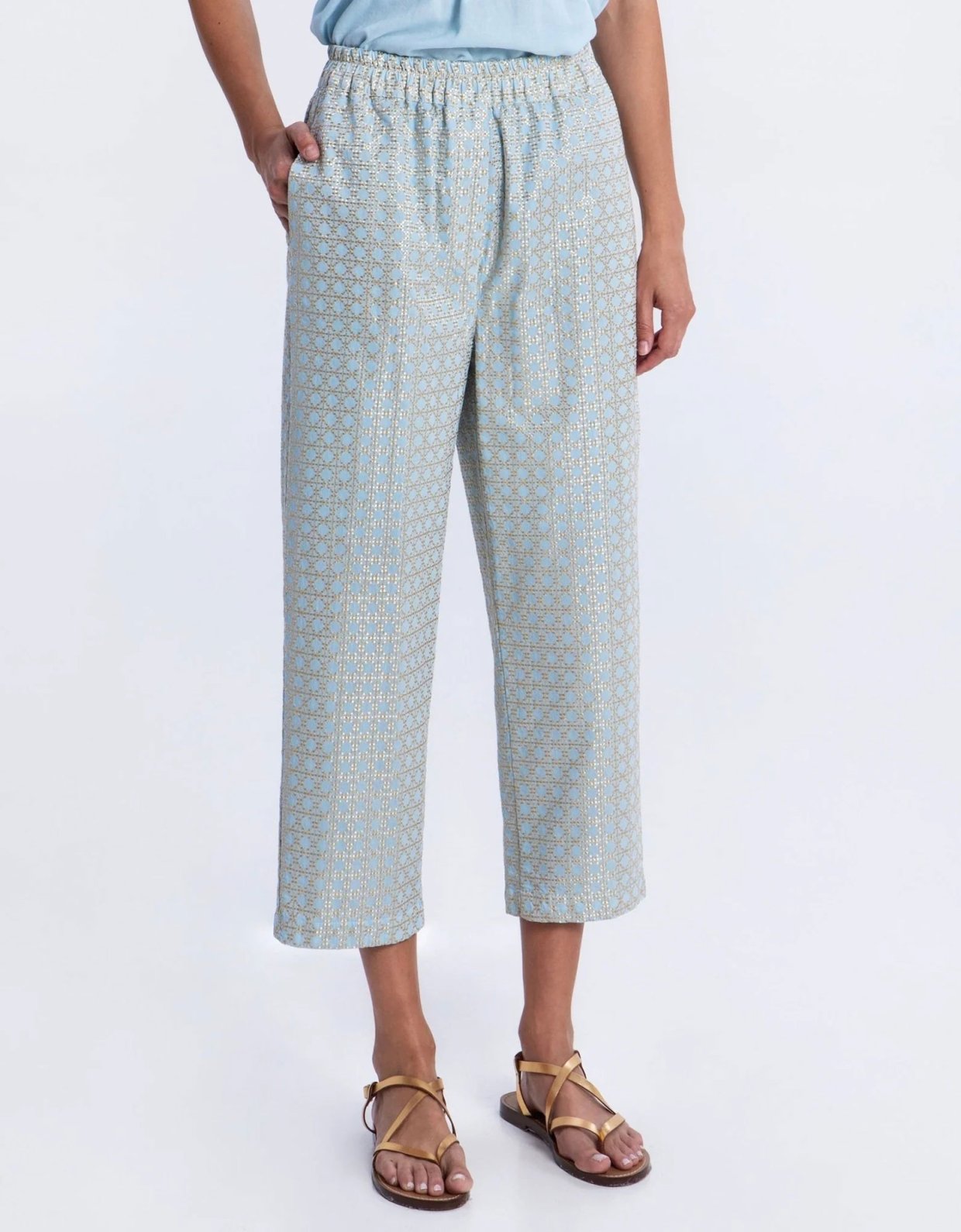 Greek Archaic Kori Cross embroidered pants ciel-gold