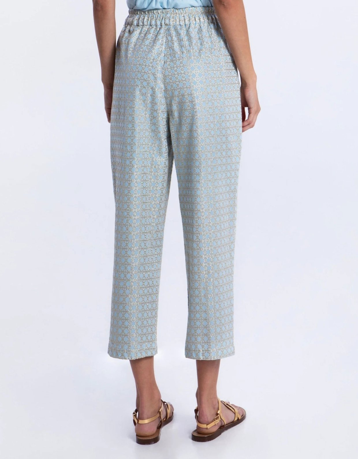Greek Archaic Kori Cross embroidered pants ciel-gold