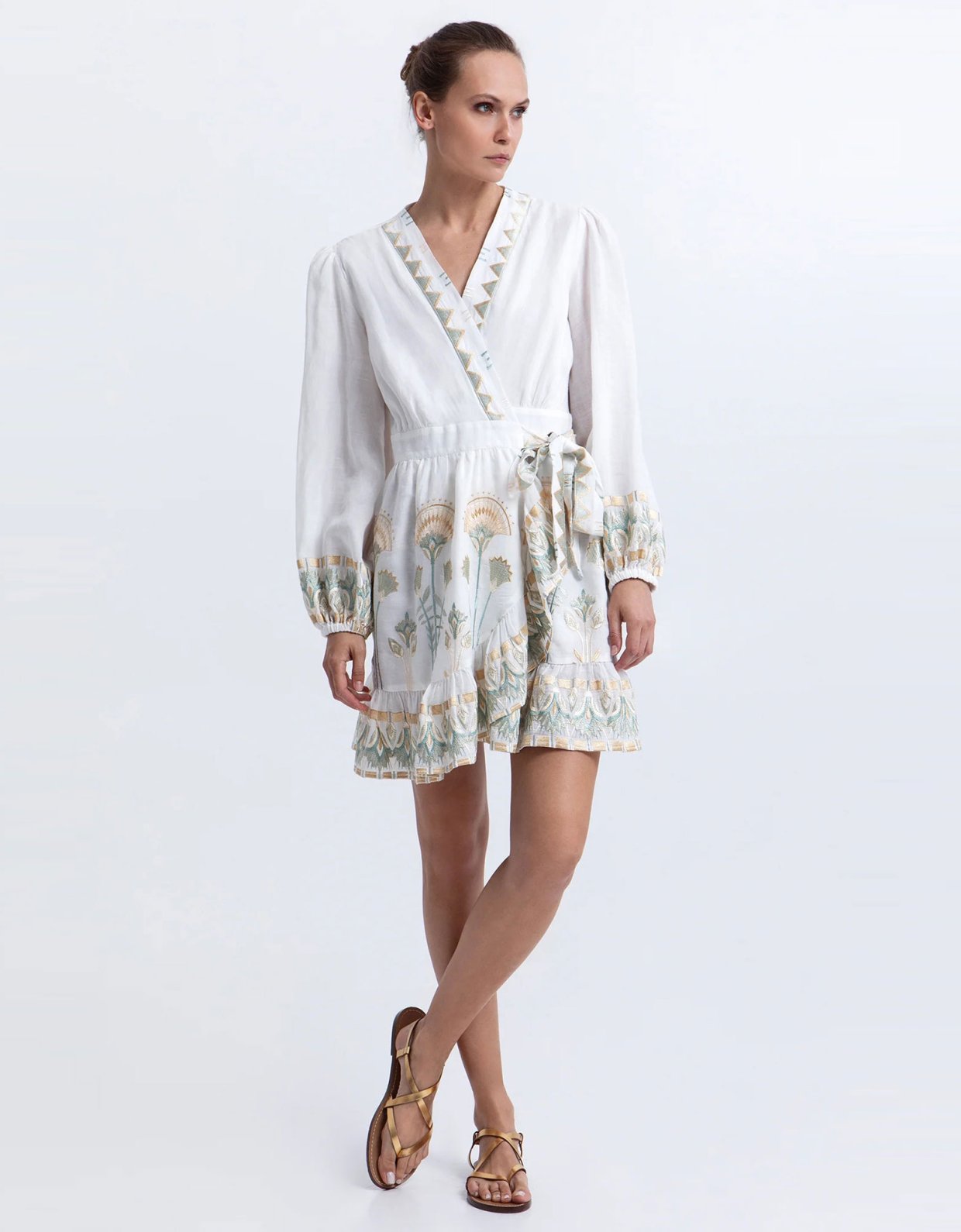 Greek Archaic Kori Papyrus mini  wrap dress white-multi mint