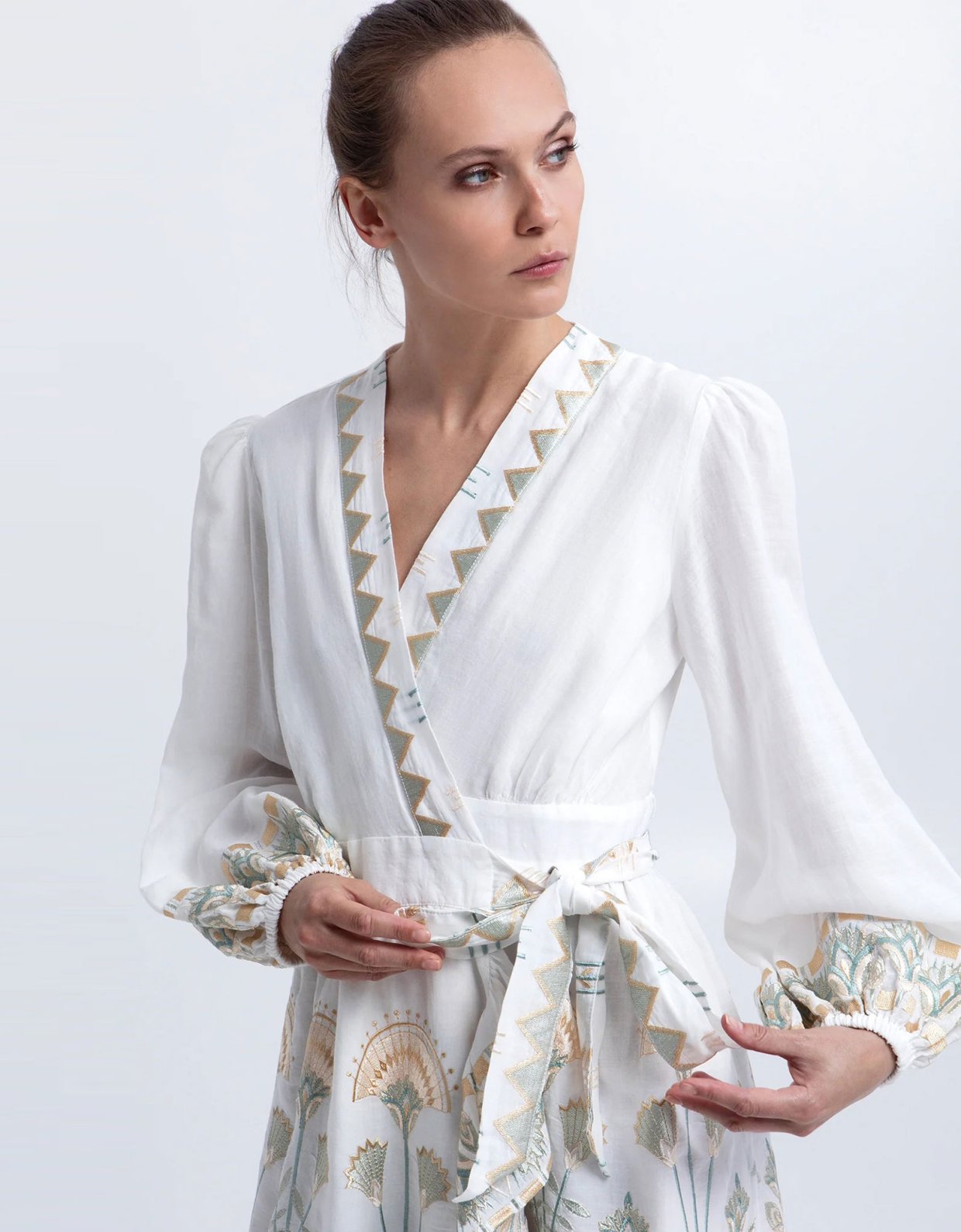 Greek Archaic Kori Papyrus mini  wrap dress white-multi mint