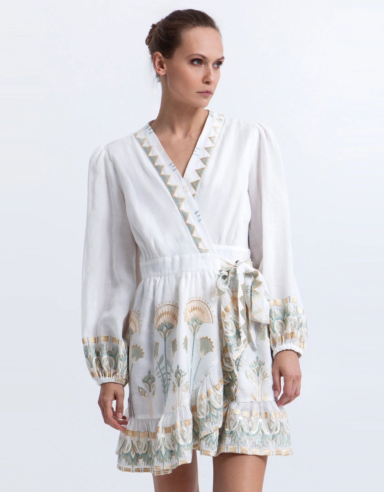 Greek Archaic Kori Papyrus mini  wrap dress white-multi mint