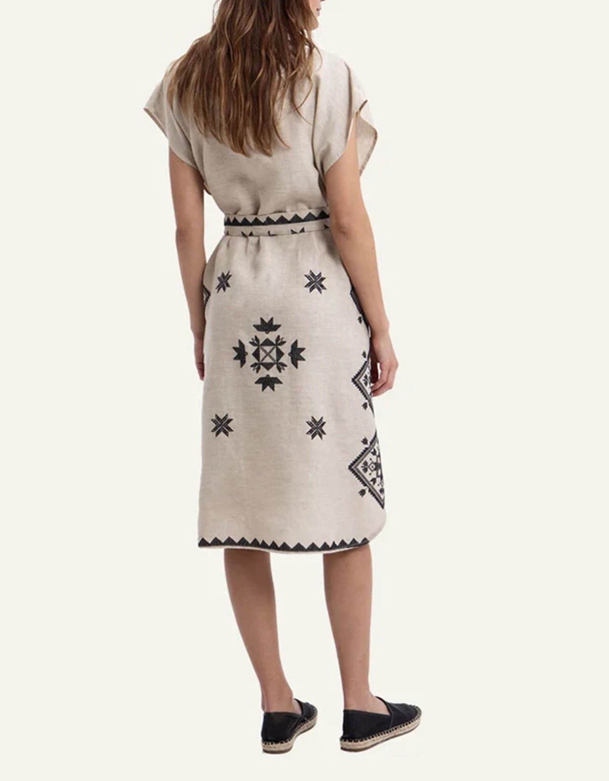 Greek Archaic Kori Lefkada embroidered chemise sleeveless dress beige-black