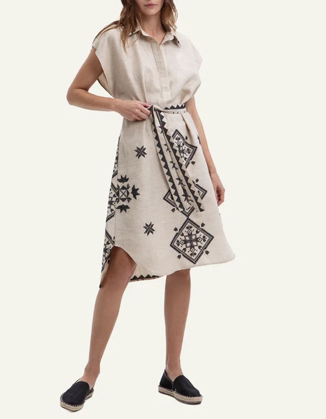 Greek Archaic Kori Lefkada embroidered chemise sleeveless dress beige-black