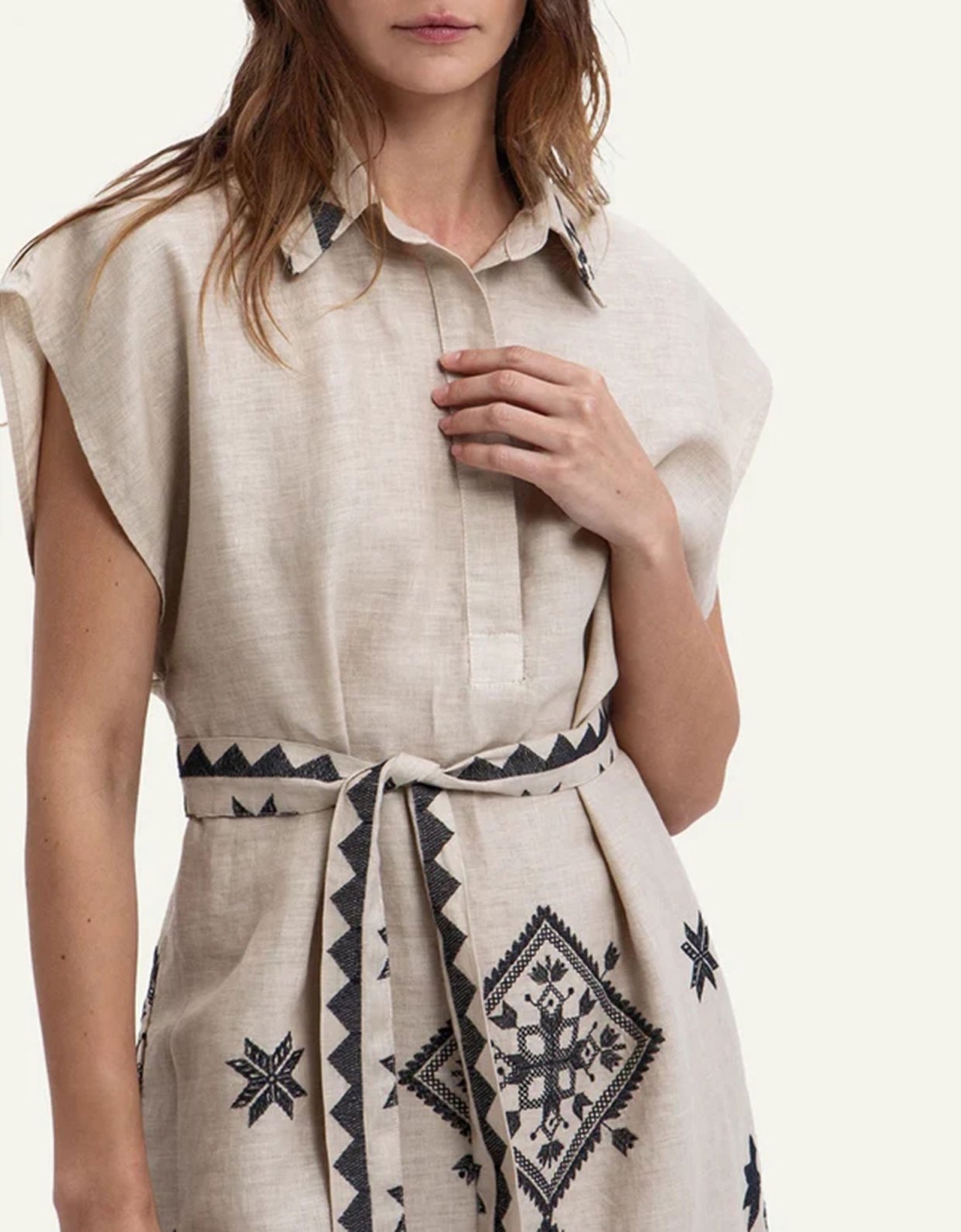 Greek Archaic Kori Lefkada embroidered chemise sleeveless dress beige-black