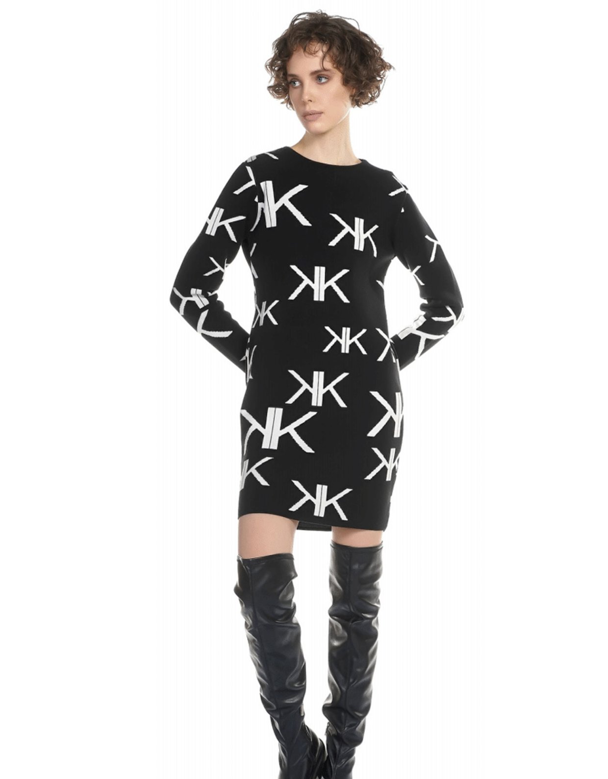 Kendall + Kylie Logo allover short knit dress black
