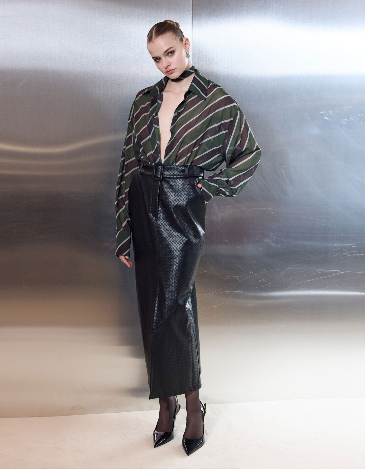 Ciel Concept Leather knots midi skirt black