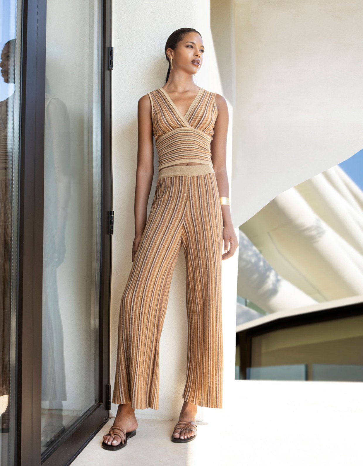 Aggel Knitwear Lurex knit pants tan gold-bronze