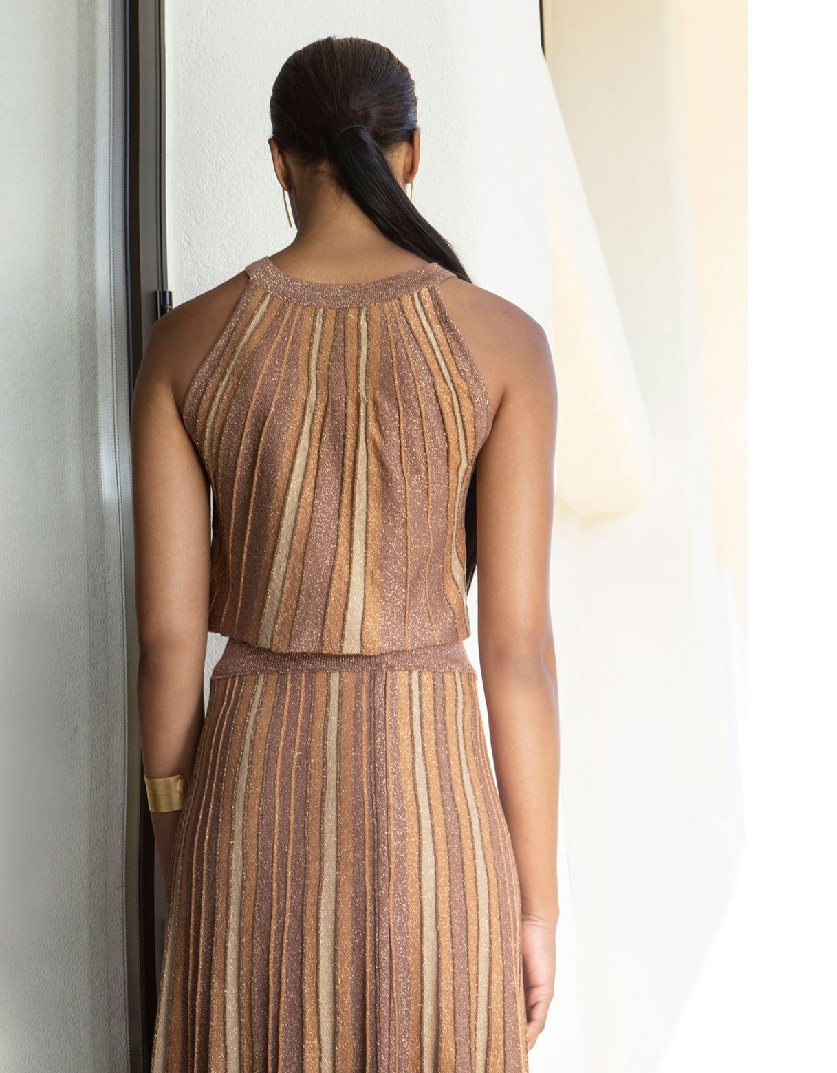 Aggel Knitwear Lurex midi knit skirt tan gold-mocca