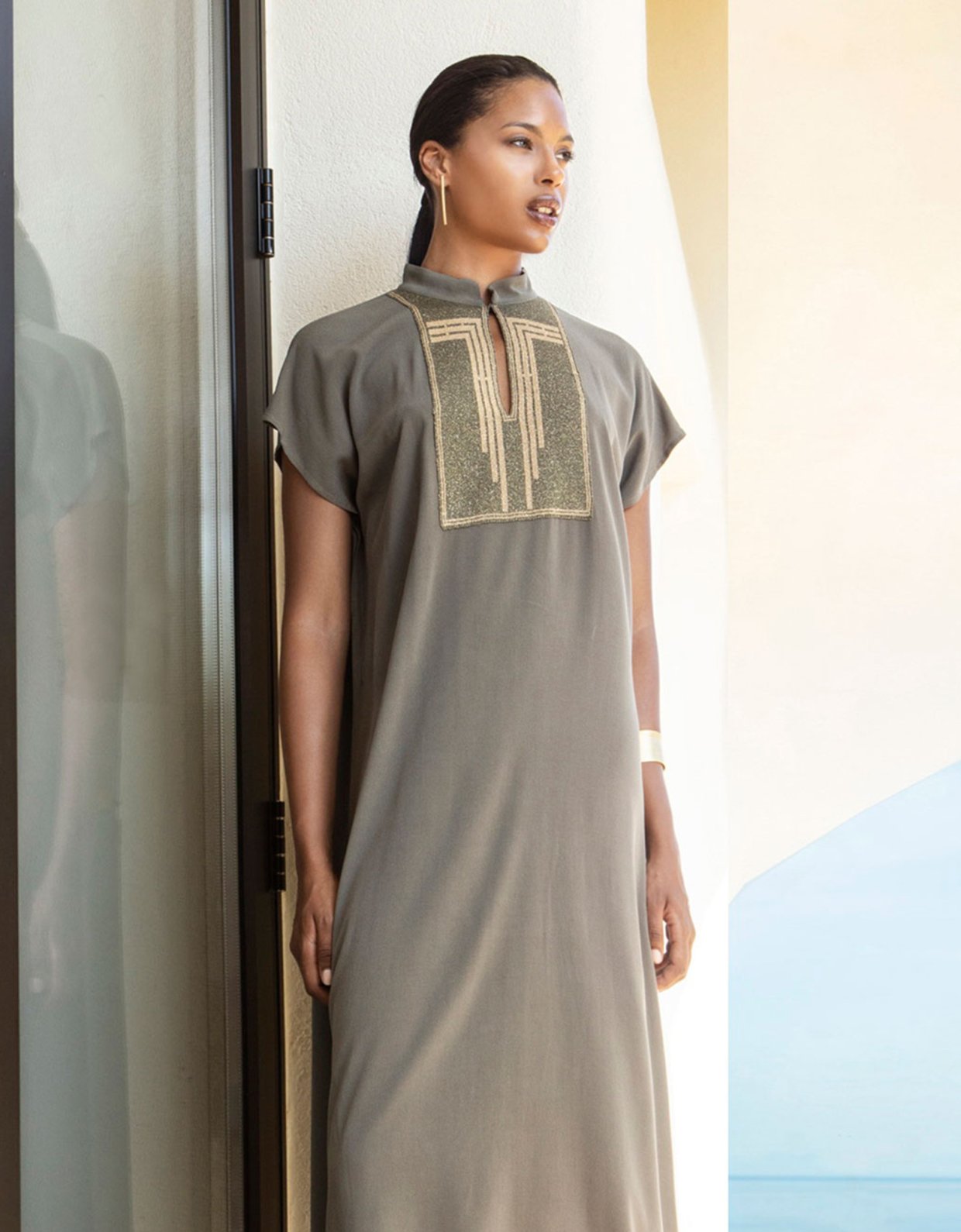 Aggel Knitwear Midi crepe dress khaki