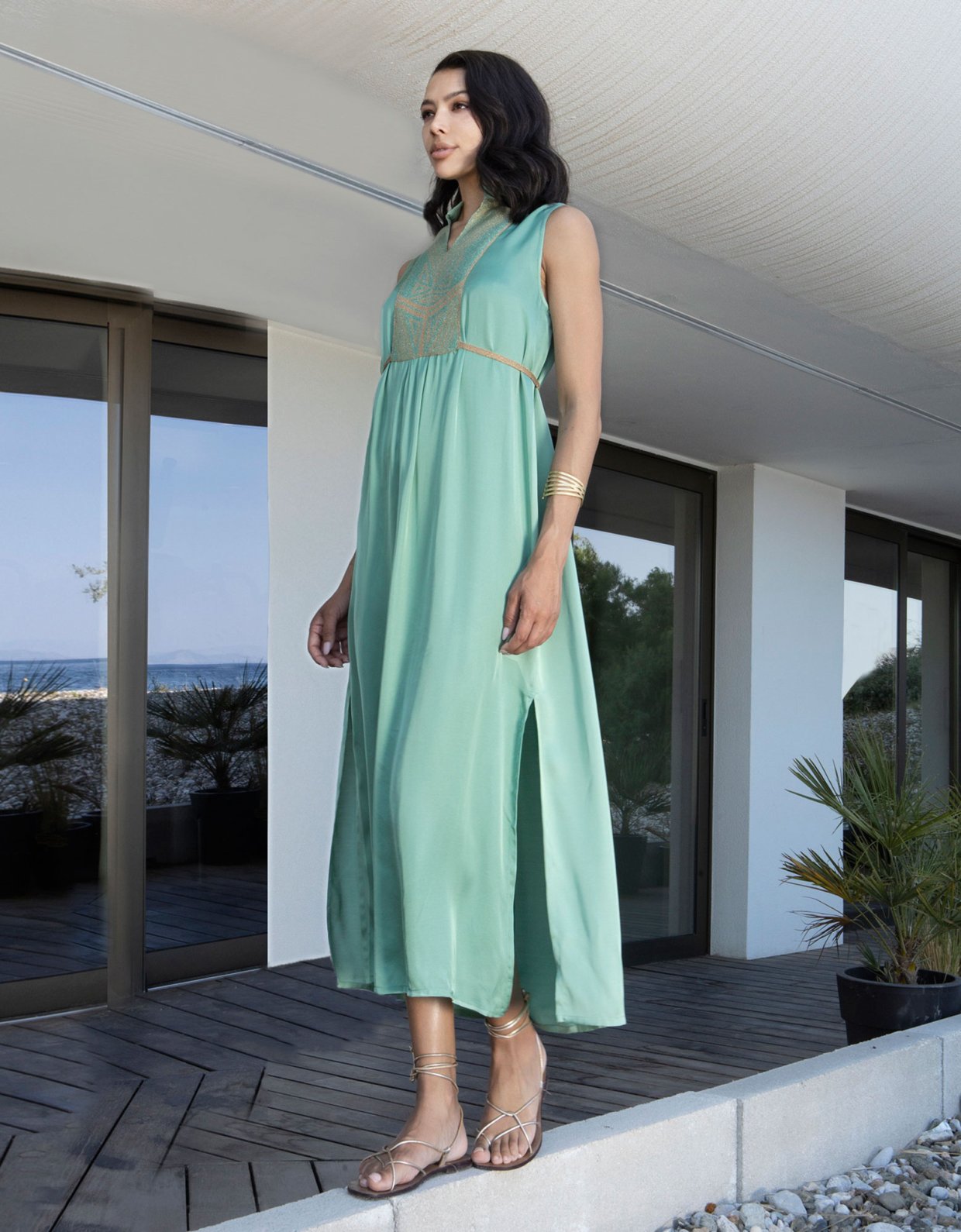 Aggel Knitwear Midi sleeveless satin dress aloe