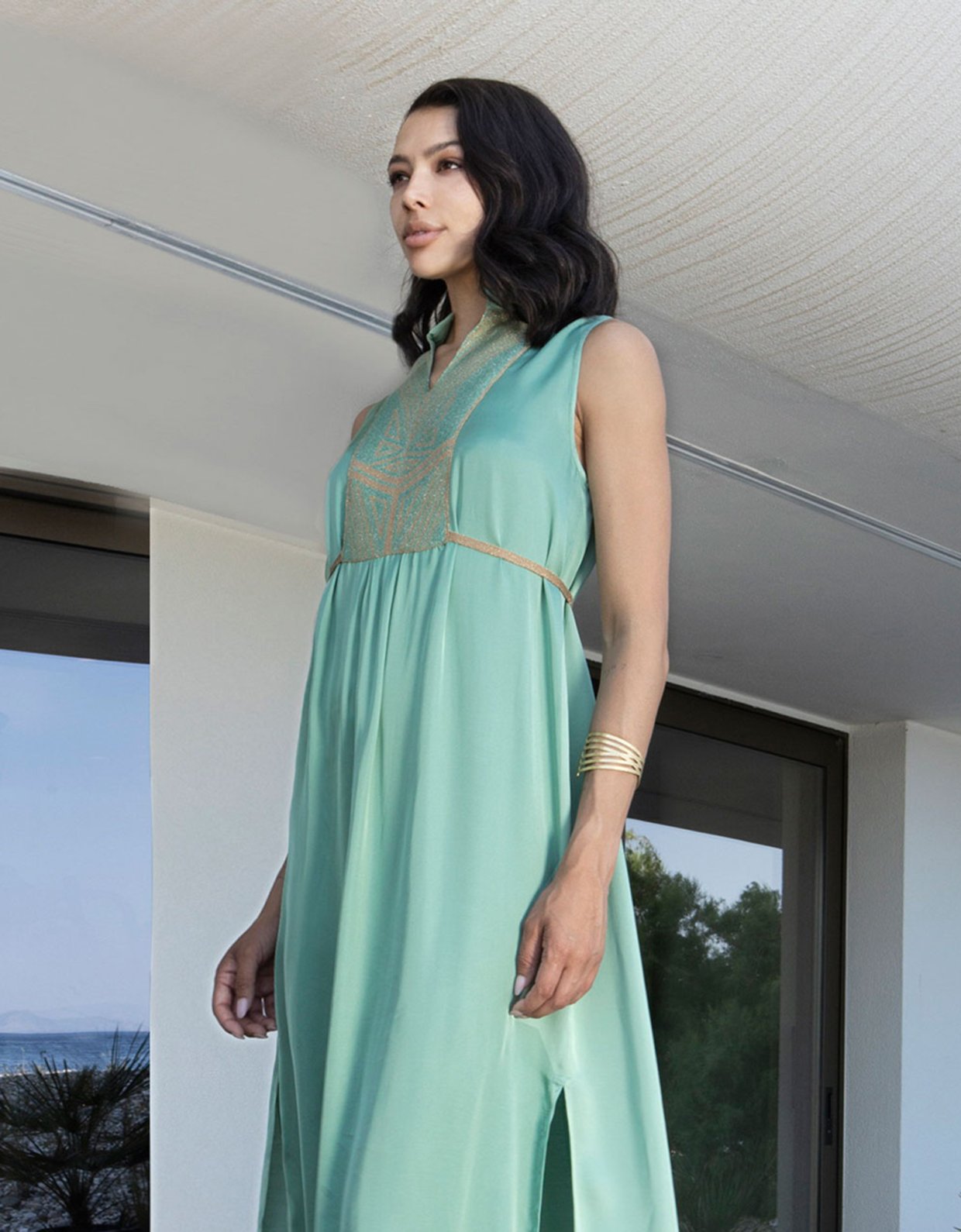 Aggel Knitwear Midi sleeveless satin dress aloe