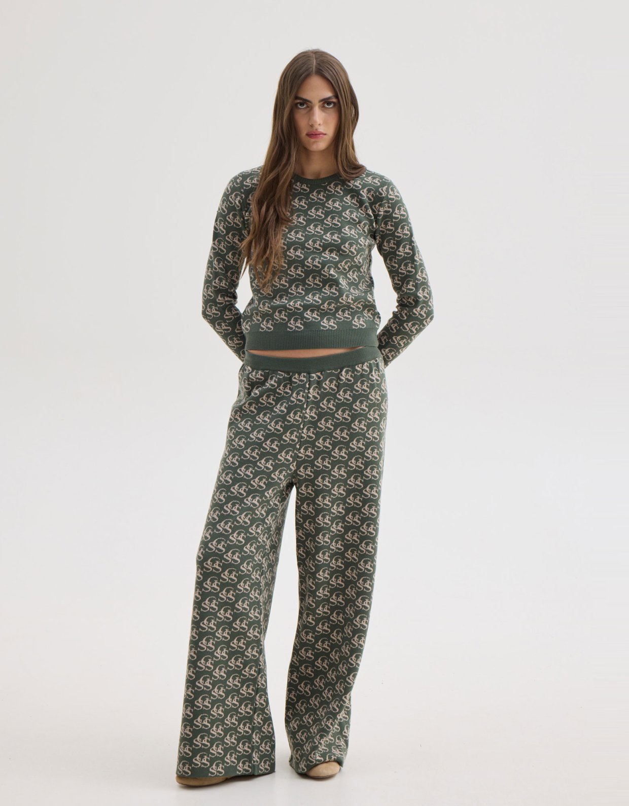 Sunset go Nancy knit pants khaki/ecru ssg print